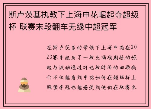 斯卢茨基执教下上海申花崛起夺超级杯 联赛末段翻车无缘中超冠军 斯卢茨基执教下上海申花崛起夺超级杯 联赛末段翻车无缘中超冠军